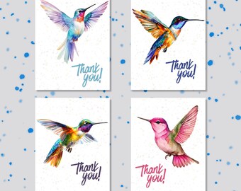 Printable Watercolor Bird Thank You Cards, Set of 4, Hand-Painted Hummingbird Note Cards, Instant Download Nature Stationery Bundle