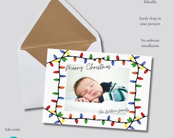 Christmas Lights Photo Card Template, Canva (Digital Download)