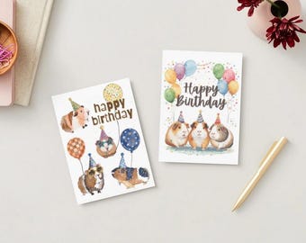 Printable Guinea Pig Birthday Card 5x7, Watercolor Cavy Party Digital Download, 2 Designs