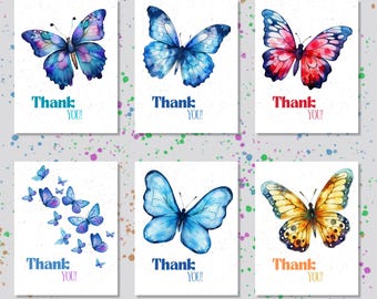 Printable Watercolor Butterfly Thank You Cards, Set of 6, Hand-Painted Nature Note Cards, Instant Download Stationery Bundle