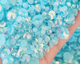 Fantasy Mix #3 Aqua AB Flatback Pearls Half Round Pearls Assorted Shapes Sizes Rhinestones Opaque  Glow  Stars Moons 30 Grams