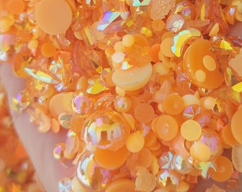 Fantasy Mix #5 Orange AB Flatback Pearls Half Round Pearls Assorted Shapes Sizes Rhinestones Opaque  Glow  Hearts Stars Moons 30 Grams