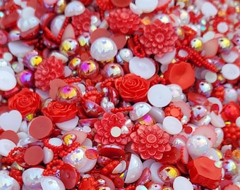 Fantasy Mix #13 Valentines AB Flatback Heart Pearls Half Round Pearls Assorted Shapes Sizes Rhinestones Red  White  30 Grams