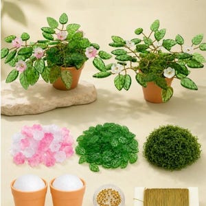 May include: A 170pcs Beaded Plant Kit featuring two completed beaded plants in terracotta pots, piles of pink and white flower beads, green leaf beads, green moss, two white foam inserts, gold beads, and a spool of gold wire for assembly.