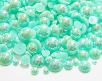 Mint Green Buttons 5 Green Pearls Surrounded wsparkling Rhinestones DIY CRAFT SHOPPE Green Pearl Cabochons 21mm Pearl Buttons -