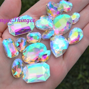CRYSTAL AB Glass Point Back Gems Jewels Rhinestones Hearts Teardrop Rectangle Oval 10x14mm 13x18mm 18x25mm Choose Size and Shape