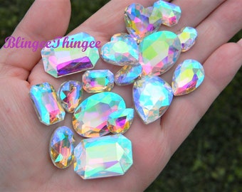 CRYSTAL AB Glass Point Back Gems Jewels Rhinestones Hearts Teardrop Rectangle Oval 10x14mm 13x18mm 18x25mm Choose Size and Shape