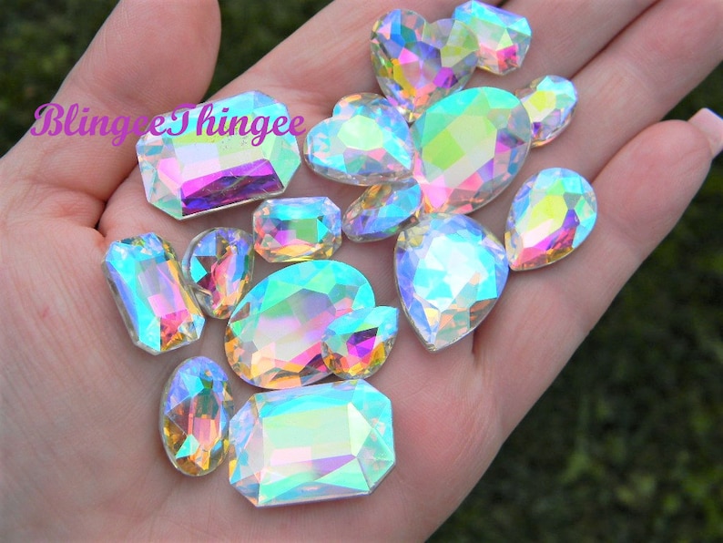 CRYSTAL AB Glass Point Back Gems Jewels Rhinestones Hearts Teardrop Rectangle Oval 10x14mm 13x18mm 18x25mm Choose Size and Shape image 1