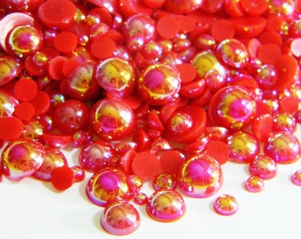 RED AB Mixed Sizes Flatback Faux Half Round Pearls Embellishments 3mm 4mm 5mm 6mm 8mm 10mm Diy Deco Kit Craft Supplies 300 Pieces