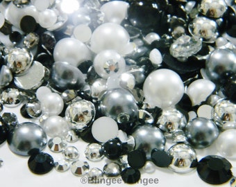 NEW Mixed Sizes Colors Black Gray Silver White Flatback Half Round Faux Pearls Resin Rhinestones Embellishments 30 grams  Mixes #22