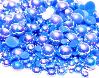 Sapphire Blue AB Mixed Sizes Flatback Half Round Pearls 3-10mm Embellishments DIY Deco 300 Pieces