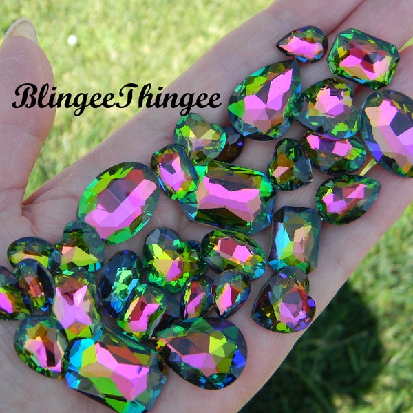 RAINBOW Glass Point Back Gems Jewels Rhinestones Hearts Teardrop Rectangle Oval 10x14mm 13x18mm 18x25mm Choose Size and Shape