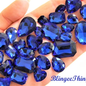 SAPPHIRE BLUE Glass Point Back Gems Jewels Rhinestones Hearts Teardrop Rectangle Oval 10x14mm 13x18mm 18x25mm Choose Size and Shape