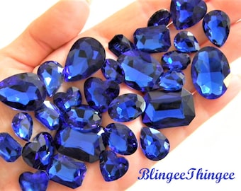 SAPPHIRE BLUE Glass Point Back Gems Jewels Rhinestones Hearts Teardrop Rectangle Oval 10x14mm 13x18mm 18x25mm Choose Size and Shape