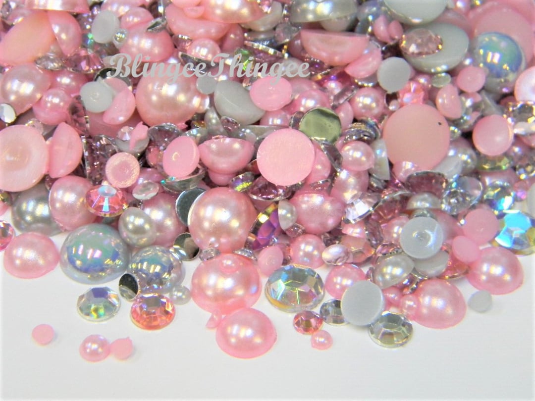 160g Pink Flat Back Pearls Rhinestones for Crafts Mixed Size 3mm-10mm AB Color Round Half Pearls Flatback Pearl Beads and Resin Rhinestones Set for