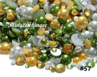Mixed Sizes Colors Flatback Rhinestones and Pearls Green Golden White Flatback Embellishments 3mm 4mm 5mm 6mm 8mm 10mm MIXES #57