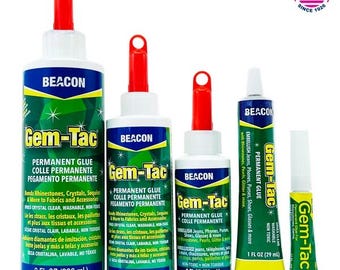 May include: Five bottles and tubes of Beacon Gem-Tac permanent glue in varying sizes, ranging from 8 fl oz (236 ml) to smaller tubes. Each container features a green and blue label with yellow text, a red or white cap, and a Made in USA logo.