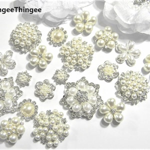 20 Pc Flatback Faux Pearl Clear Rhinestone Embellishments  NO SHANK Buttons Craft Supplies DIY Bridal Hairbows Wedding 20 pc Silver/Pearl