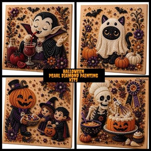 May include: Four square diamond painting kits featuring Halloween themes: a vampire drinking red liquid, a cat in a ghost costume with pumpkins, children in costumes with a pumpkin bucket, and a skeleton baking a pumpkin cake with a whisk.