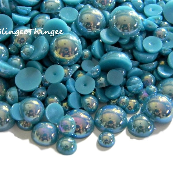 BLUE ZIRCON Ab Mixed Sizes Flatback Faux Pearls Half Round Cabs 3-10MM  300 Pieces Embellishments