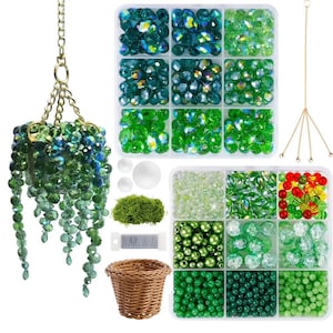 May include: A craft kit featuring a hanging beaded plant made of green faceted beads, two clear plastic organizers filled with various green and multi-colored beads, a small brown woven basket, a spool of silver wire, and green moss.