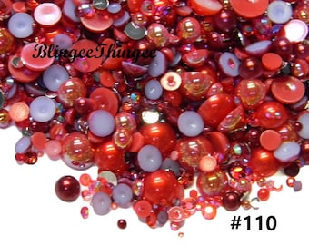 30 GRAMS RED Flatback Pearls and  Assorted Flatback Resin Rhinestones Mixes #110