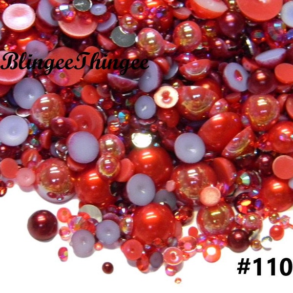 30 GRAMS RED Flatback Pearls and  Assorted Flatback Resin Rhinestones Mixes #110