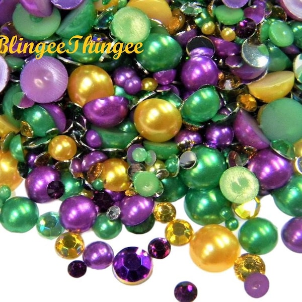 Mardi Gras Colors Mixed Sizes Colors Flatback Faux Half Round AB Pearls  Resin Rhinestones 3/4/5/6/8/10mm Embellishments #75