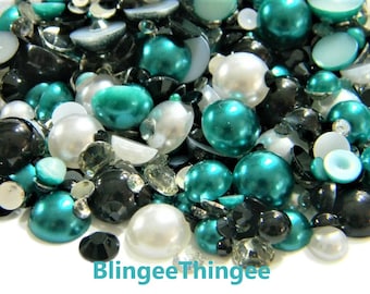 Tamanhos mistos Cores Teal Preto Branco Flatback Pérolas Falsas Transparente Preto Resina Strass Enfeites 30 GRAMAS MISTURAS #3
