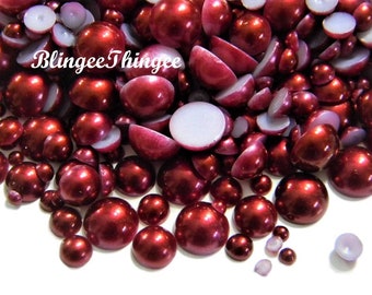 Burgundy Flatback Faux Half Round Pearls Embellishments Diy Deco Cabochons Craft Supplies  Choose Size