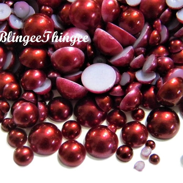 Burgundy Flatback Faux Half Round Pearls Embellishments Diy Deco Cabochons Craft Supplies  Mixed Sizes
