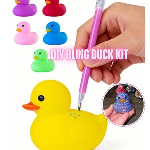 May include: A DIY bling duck kit featuring a large yellow rubber duck, five smaller colorful rubber ducks in purple, red, pink, blue, and green, and a pink applicator tool. The text DIY BLING DUCK KIT is displayed in white and pink lettering.
