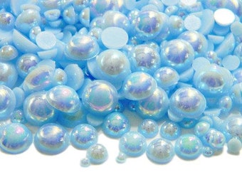 LIGHT BLUE Ab Mixed Sizes Flatback Faux Half Round Iridescent Pearls Embellishments 3mm 4mm 5mm 6mm 8mm 10mm Diy Deco Kit 300 Pieces