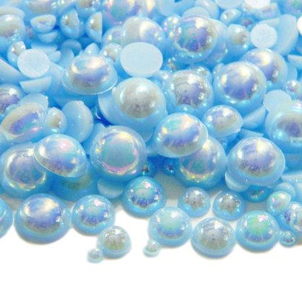 LIGHT BLUE Ab Mixed Sizes Flatback Faux Half Round Iridescent Pearls Embellishments 3mm 4mm 5mm 6mm 8mm 10mm Diy Deco Kit 300 Pieces