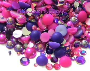 Hot Pink and Dark Purple Mixed Sizes Colors Flatback Faux Half Round AB Pearls  Resin Rhinestones 3/4/5/6/8/10mm Embellishments #41