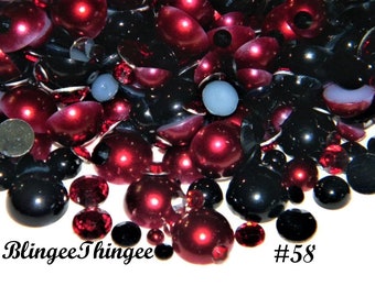 30 Grams Black and Burgundy Mix  Flatback Faux Pearls Mixed Sizes Plus Black Dark Red Resin Rhinestones Assorted Sizes Colors #58