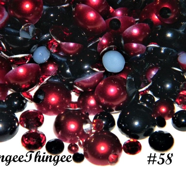 30 Grams Black and Burgundy Mix  Flatback Faux Pearls Mixed Sizes Plus Black Dark Red Resin Rhinestones Assorted Sizes Colors #58