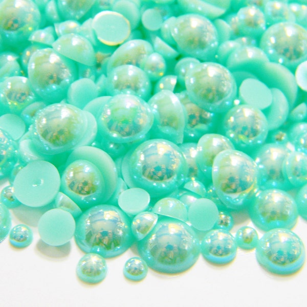 Light Mint Green AB Faux Flatback Half Round Pearls Mixed Sizes 3mm 4mm 5mm 6mm 8mm 10mm Diy Deco Kit Embellishments 300 Pieces