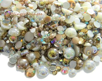 Mixed Sizes Colors Flatback Faux Half Round AB Pearls  Resin Rhinestones 3/4/5/6/8/10mm Embellishment Mixes 30 Grams #50