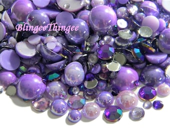 PURPLE  Mixed Sizes Colors Flatback Faux Half Round AB Pearls  Resin Rhinestones 3/4/5/6/8/10mm Embellishment Mixes 30 Grams #43