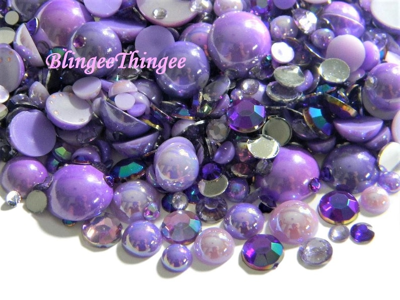 PURPLE  Mixed Sizes Colors Flatback Faux Half Round AB Pearls  Resin Rhinestones 3/4/5/6/8/10mm Embellishment Mixes 30 Grams #43 