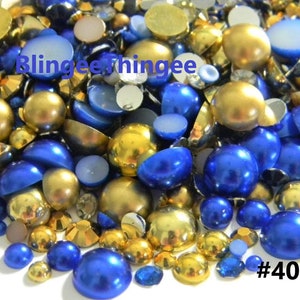 30 GRAMS Mixed Sizes Colors Dark Blue Metallic and Matte Gold Flatback Half Round Pearls Resin Rhinestones Bling Embellishment Mixes #40