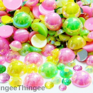 1000 Mixed Sizes Colors Pink Ab Lime Green Ab Yellow Ab Flatback Half Round Faux Pearls  Plus Flatback Resin Faceted Rhinestones Mixes #23