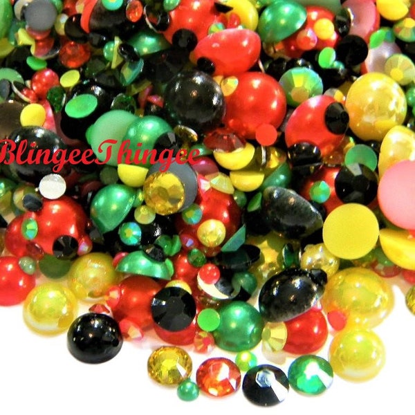 30 GRAMMI Rosso Giallo Verde Nero Perle piatte e strass assortiti in resina con retro piatto # 69