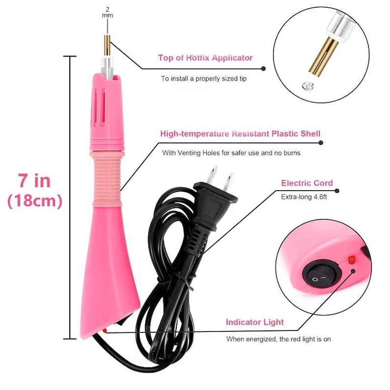 Puede incluir: Un aplicador de pedrer&iacute;a termoadhesiva rosa, de 18 cm de largo, con una carcasa de pl&aacute;stico resistente a altas temperaturas y orificios de ventilaci&oacute;n. Incluye cable el&eacute;ctrico, luz indicadora y punta.