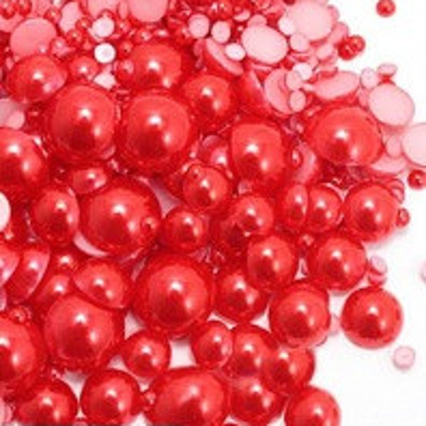 Red Mixed Sizes Flatback Half Round Faux Pearls Embellishments Cabs 3-10mm 300 Pieces