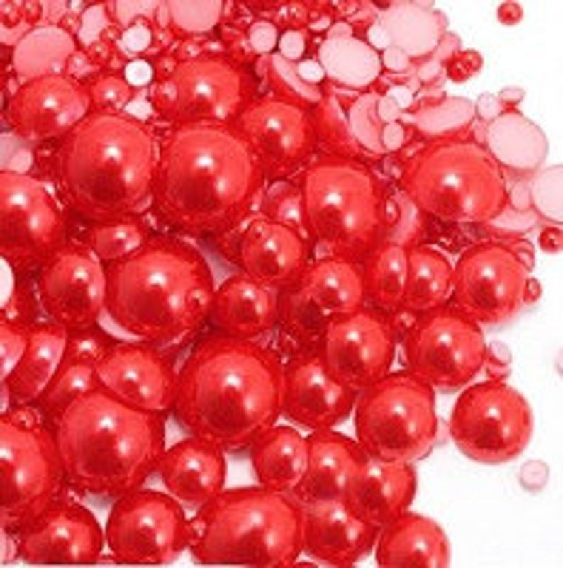 Red Mixed Sizes Flatback Half Round Faux Pearls Embellishments Cabs 3-10mm 300 Pieces 