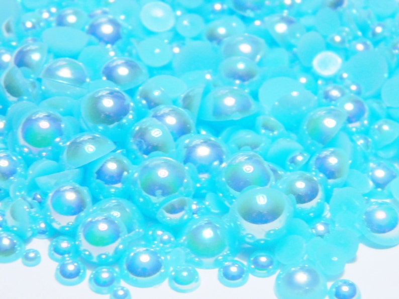 Aqua Blue AB Mixed Sizes Flatback Half Round Faux Pearls 3-10mm Embellishments DIY Deco 300 Pieces 