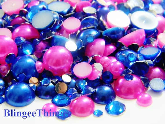 NEW Mixed Sizes Colors Hot PInk Dark Blue Flatback Faux Pearls Resin Rhinestones 3mm 4mm 5mm 6mm 30 Grams MIXES #7