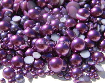 Dark Grape Purple Mixed Sizes Flatback Pearls 3-10mm Faux Half Round Embellishments DIY Deco Kit 300 Pieces